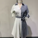 "Patchwork Style: Contrasting Color Asymmetric Shirt Dress"