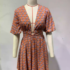 "Orange Flowers: Retro Deep V Cinched-Waist Dress"