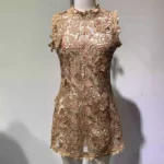 "Caramel Lace: Retro Cutouted Sleeveless Dress"