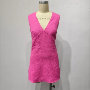 YUNHUI Pink Textured V - Neck Dress